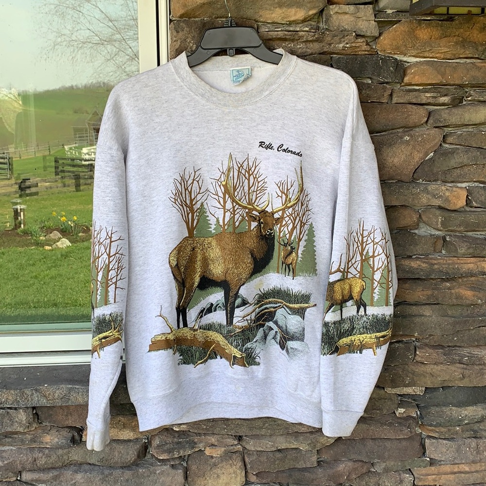 Vintage Crewneck Hoodie with Elk and Forest Design